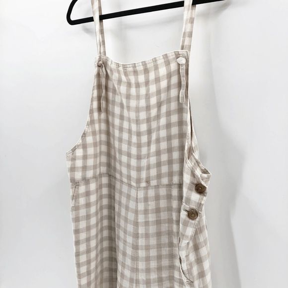 Lou & Grey Women's Cream Beige Gingham 100% Linen Overalls Size M - Picture 3 of 9